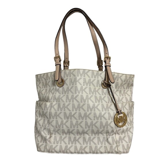 MICHAEL KORS Jet Set Travel MK Signature Tote Bag White Purse Leather Canvas - Picture 1 of 12